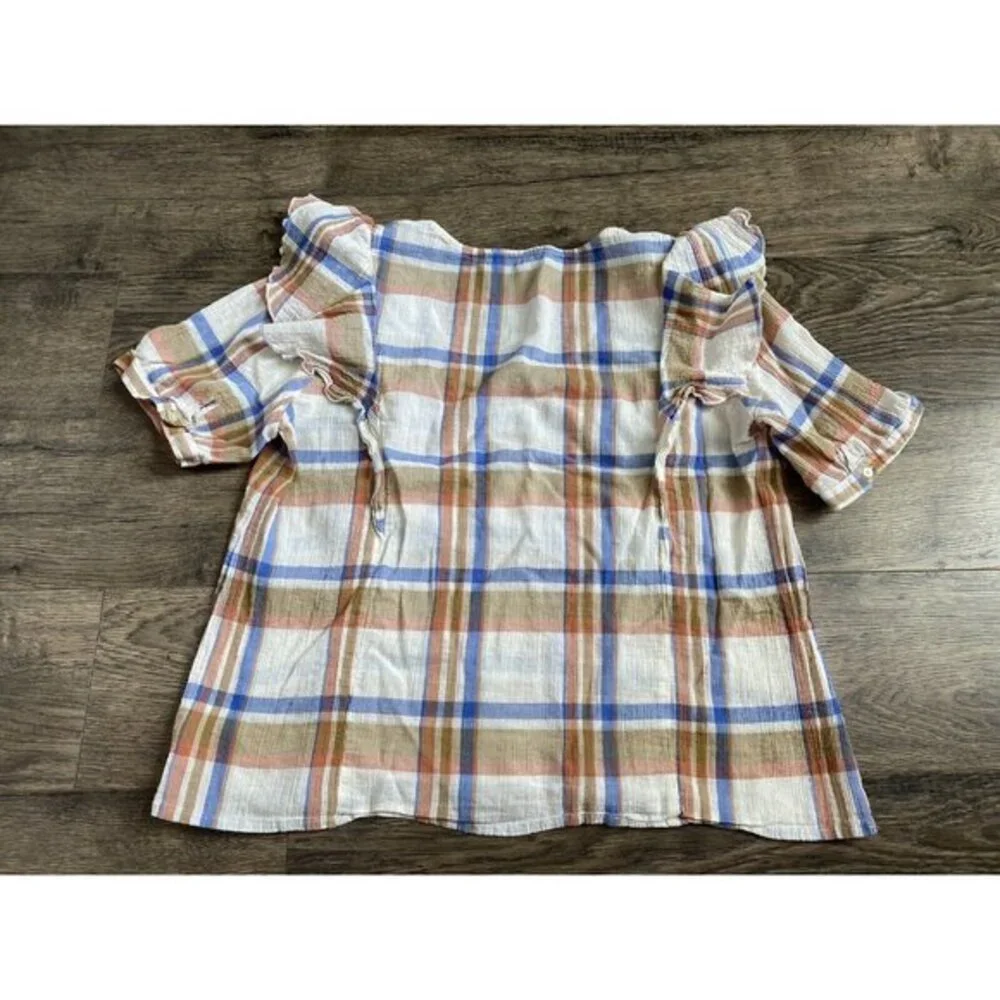 EUC Womens Madewell V‎ Neck Shoulder Ruffle Top In Plaid Short Sleeve Size L
